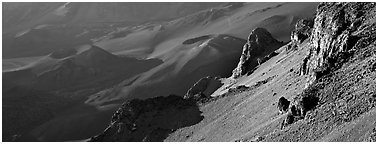 Volcanic landscape inside Haleakala Crater. Haleakala National Park (Panoramic black and white)