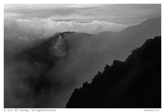 Ridges and clouds, Haleakala crater. Haleakala National Park (black and white)