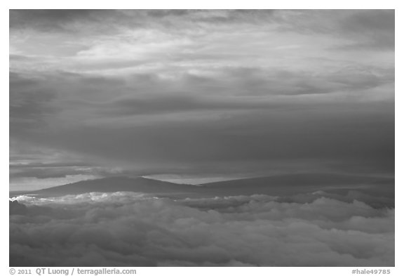 Mauna Kea and Mauna Loa between clouds. Haleakala National Park (black and white)