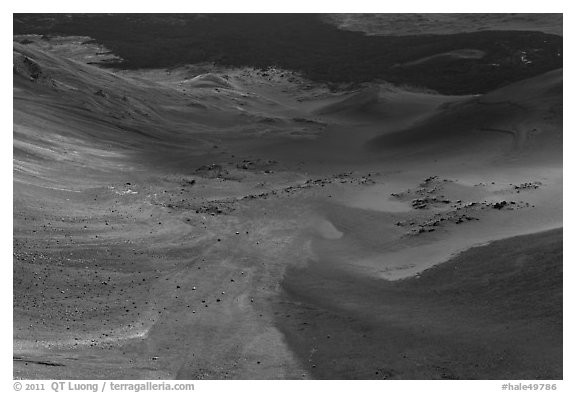 Red Cinder flow and green vegetated ridge in Haleakala Crater. Haleakala National Park (black and white)