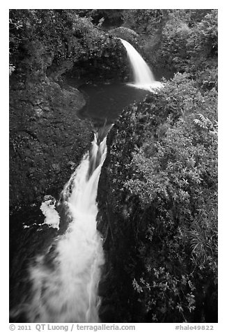 Oheo stream double falls. Haleakala National Park (black and white)