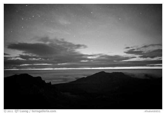 Haleakala crater and stars at night. Haleakala National Park, Hawaii, USA.