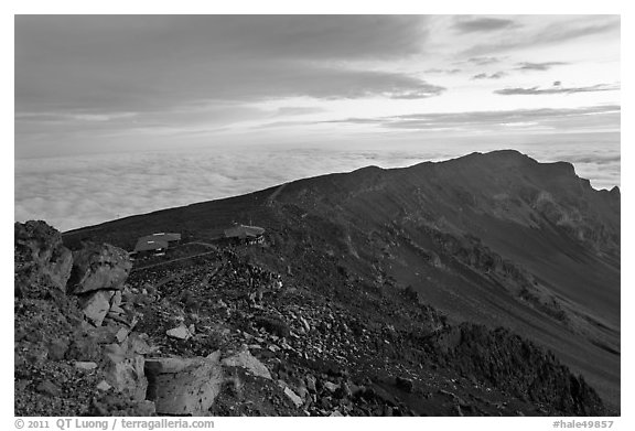 Haleakala crater with tourists gathered for sunrise. Haleakala National Park (black and white)