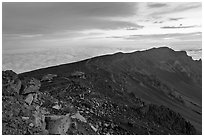 Haleakala crater with tourists gathered for sunrise. Haleakala National Park, Hawaii, USA. (black and white)