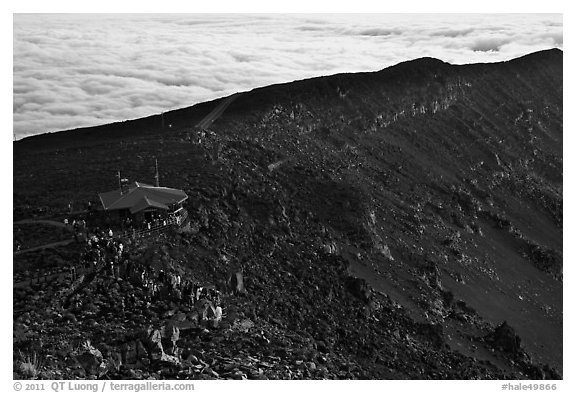 First light hits visitor center on Halekala summit. Haleakala National Park (black and white)