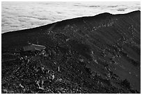 First light hits visitor center on Halekala summit. Haleakala National Park, Hawaii, USA. (black and white)