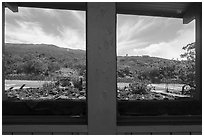 Haleakala slopes and road, Park Headquarters Visitor Center window reflexion. Haleakala National Park ( black and white)