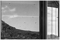 Haleakala Crater, Haleakala Visitor Center, window reflexion. Haleakala National Park ( black and white)