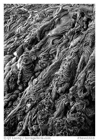 Ripples of hardened pahoehoe lava. Hawaii Volcanoes National Park (black and white)