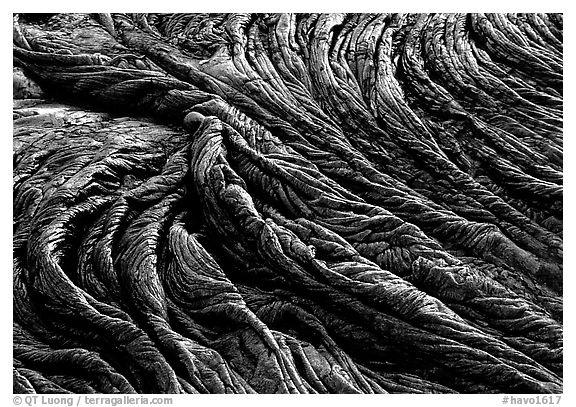 Pattern of fabric-like hardened pahoehoe lava. Hawaii Volcanoes National Park (black and white)