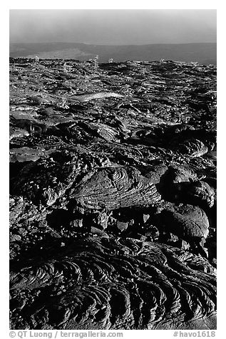 Hardened lava flow and Kaena Point. Hawaii Volcanoes National Park (black and white)