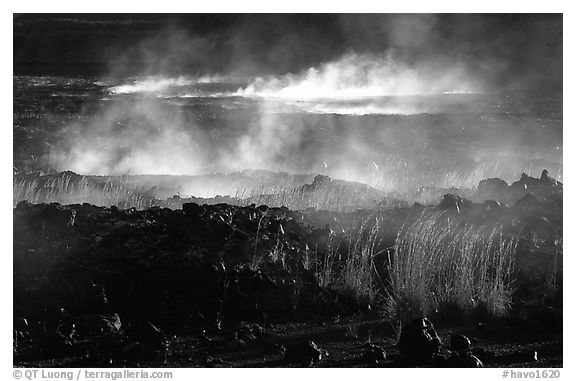 Fumeroles and lava near Halemaumau. Hawaii Volcanoes National Park (black and white)