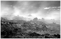 Fumeroles and hardened lava, early morning. Hawaii Volcanoes National Park, Hawaii, USA. (black and white)