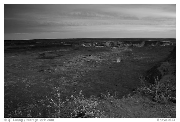 Kilauea caldera at sunset. Hawaii Volcanoes National Park (black and white)