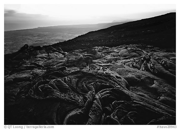 Hardened lava flow and Kaena Point. Hawaii Volcanoes National Park (black and white)