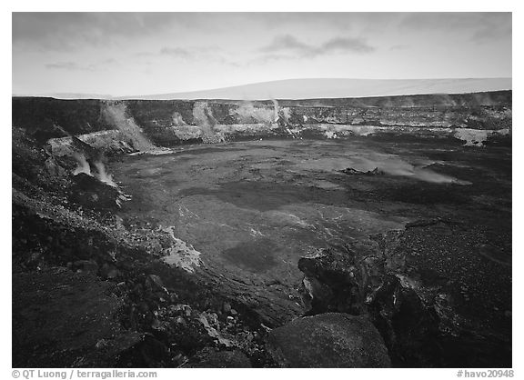 Halemaumau crater, fumeroles, Mauna Loa shield volcano, sunrise. Hawaii Volcanoes National Park (black and white)