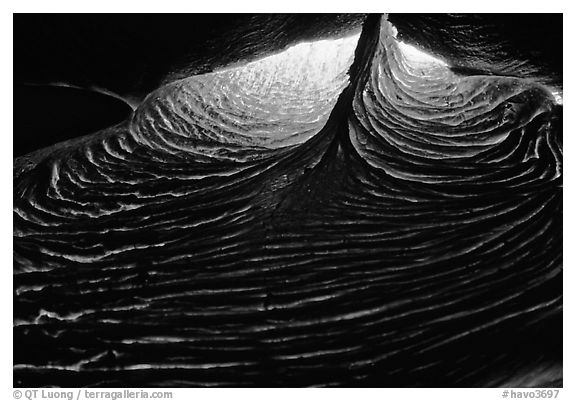 Close-up of red lava at night. Hawaii Volcanoes National Park (black and white)
