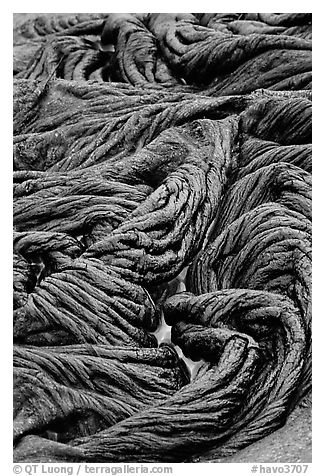 Braids of flowing pahoehoe lava. Hawaii Volcanoes National Park (black and white)
