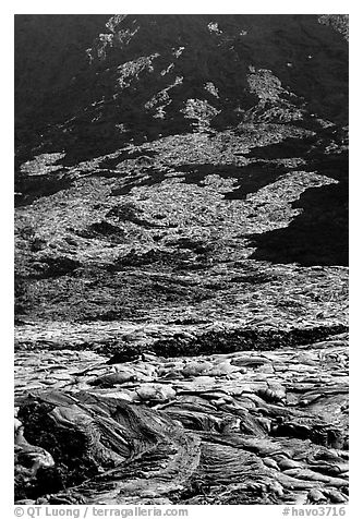 Volcanic landform of recently hardened lava flow at  base of Holei Pali. Hawaii Volcanoes National Park (black and white)