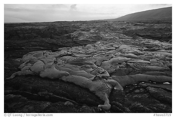 Live lava flow at sunset near the end of Chain of Craters road. Hawaii Volcanoes National Park, Hawaii, USA.