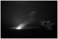 Halemaumau crater vent and Ohia tree by night. Hawaii Volcanoes National Park, Hawaii, USA. (black and white)