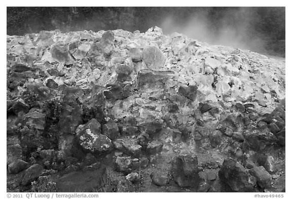 Mound of rocks covered with sulphur from vent. Hawaii Volcanoes National Park (black and white)