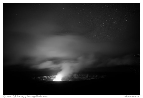 Incandescent illumination of venting gases, Halemaumau crater. Hawaii Volcanoes National Park (black and white)