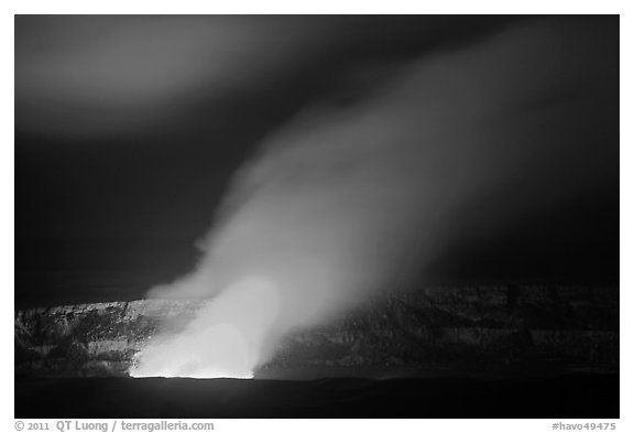 Incandescent glow illuminates venting gas plume by night, Kilauea summit. Hawaii Volcanoes National Park, Hawaii, USA.