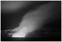Incandescent glow illuminates venting gas plume by night, Kilauea summit. Hawaii Volcanoes National Park ( black and white)