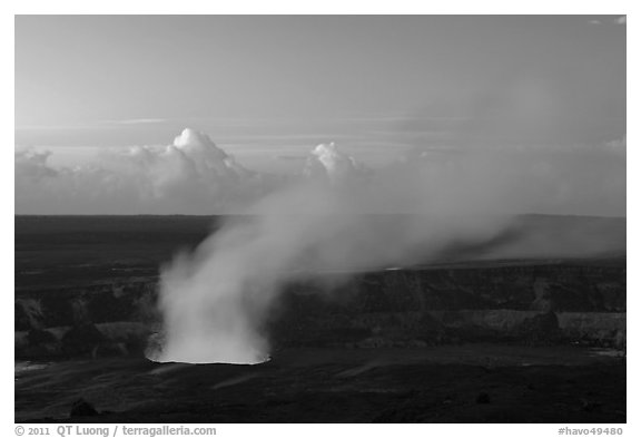 Halemaumau plume with glow from lava lake. Hawaii Volcanoes National Park (black and white)
