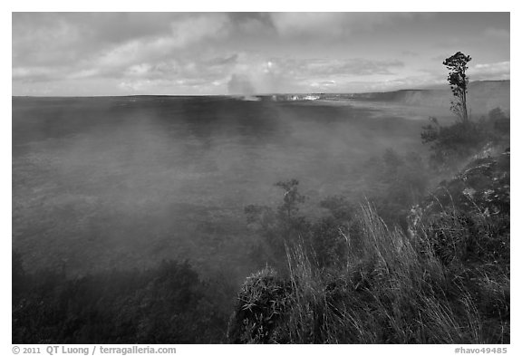 Steam from vents at the edge of Kilauea caldera. Hawaii Volcanoes National Park (black and white)