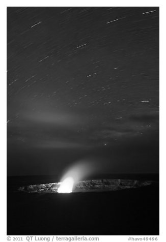 Glowing vent and star trails, Halemaumau crater. Hawaii Volcanoes National Park (black and white)