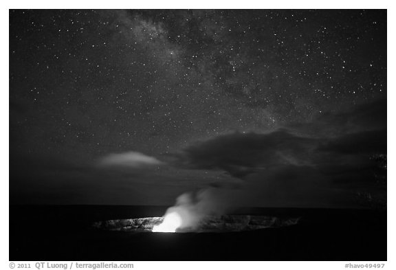 Glowing crater, plume, and Milky Way, Kilauea summit. Hawaii Volcanoes National Park (black and white)