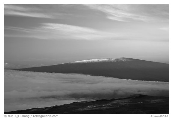 Snowy Mauna Loa above clouds at sunrise. Hawaii Volcanoes National Park, Hawaii, USA.