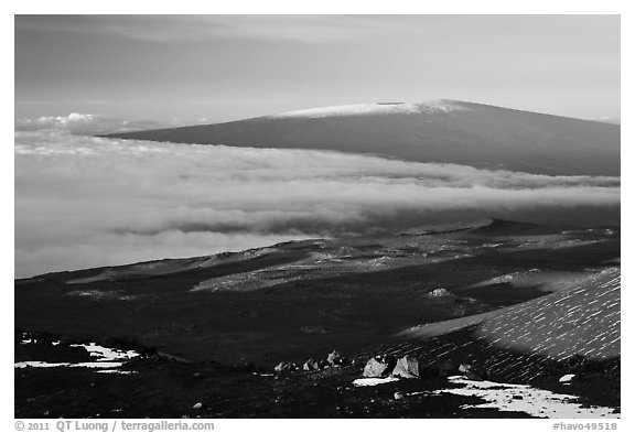 Mauna Loa seen from Mauna Kea. Hawaii Volcanoes National Park (black and white)