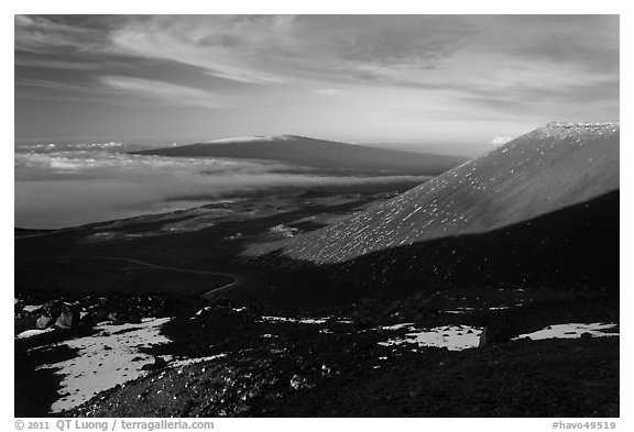 Mauna Loa from Mauna Kea summit. Hawaii Volcanoes National Park (black and white)