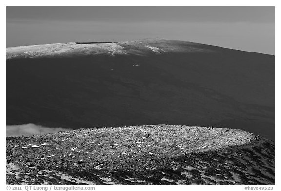 Craters on cinder cone and Mauna Loa. Hawaii Volcanoes National Park (black and white)