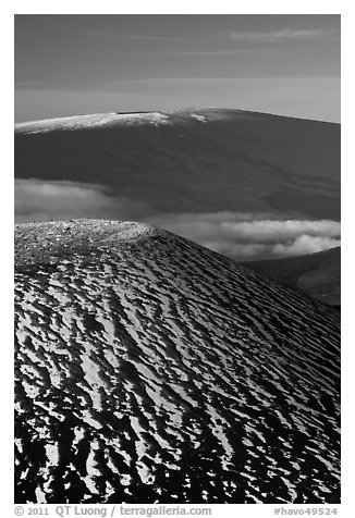 Snowy cinder cone and Mauna Loa summit. Hawaii Volcanoes National Park (black and white)