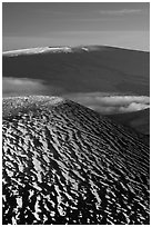 Snowy cinder cone and Mauna Loa summit. Hawaii Volcanoes National Park, Hawaii, USA. (black and white)