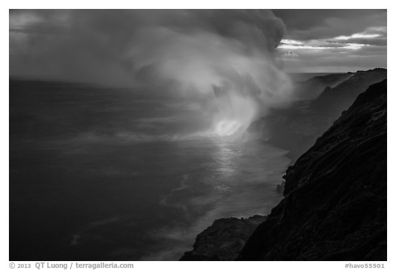 Coastline with steam lit by hot lava. Hawaii Volcanoes National Park (black and white)