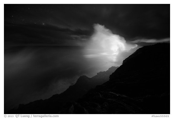 Kilauea lava flows into Pacific Ocean. Hawaii Volcanoes National Park (black and white)