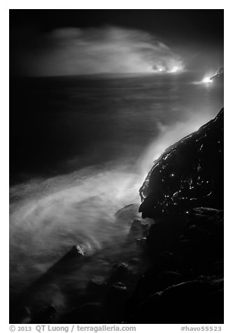 Lava ocean entry at night. Hawaii Volcanoes National Park (black and white)