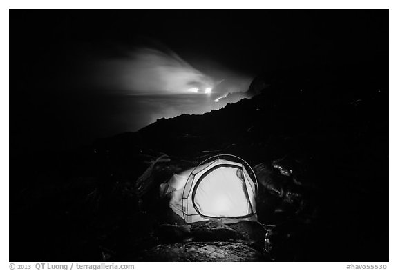 Tent and lava ocean entry. Hawaii Volcanoes National Park, Hawaii, USA.