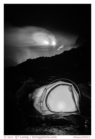Camping by lava flow next to ocean. Hawaii Volcanoes National Park (black and white)