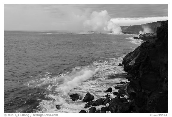 Coastline with lava ocean entries, morning. Hawaii Volcanoes National Park (black and white)