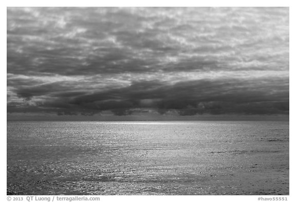 Silvery ocean and clouds, early morning. Hawaii Volcanoes National Park (black and white)