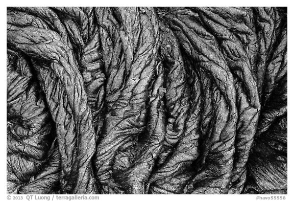 Freshly hardened pahoehoe lava. Hawaii Volcanoes National Park (black and white)