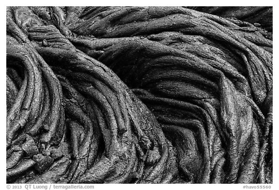 Silvery surface of fresh pahoehoe lava. Hawaii Volcanoes National Park, Hawaii, USA.