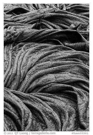 Silvery surface of recent pahoehoe lava. Hawaii Volcanoes National Park (black and white)