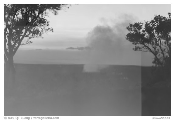 Halemaumau plume, Volcano House window reflexion. Hawaii Volcanoes National Park (black and white)
